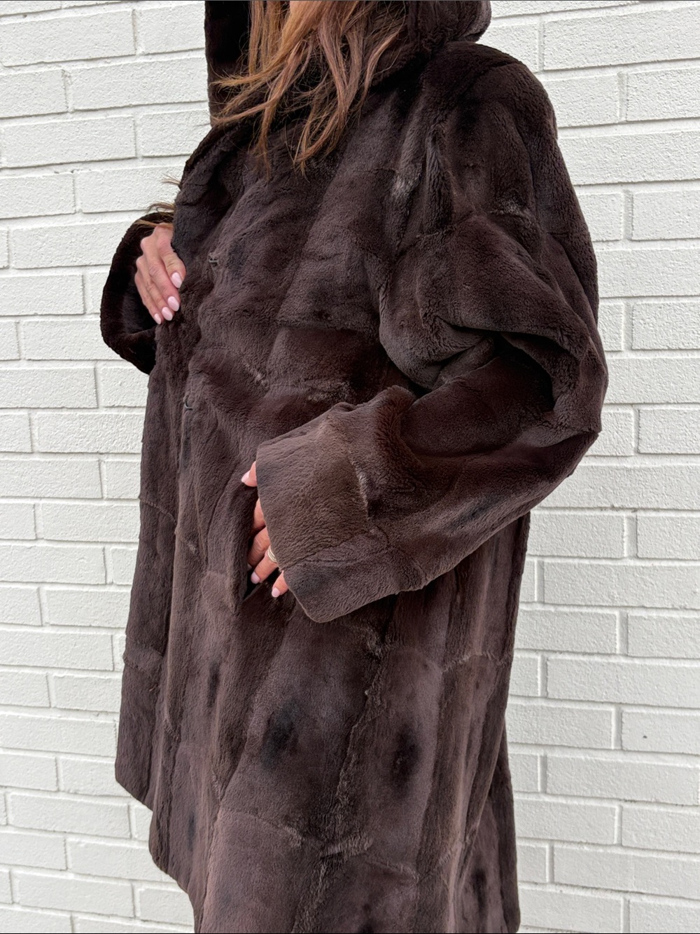 Vintage Genuine Sheared Beaver Fur Coat Dark Brown Luxury 3/4 Length Coat
